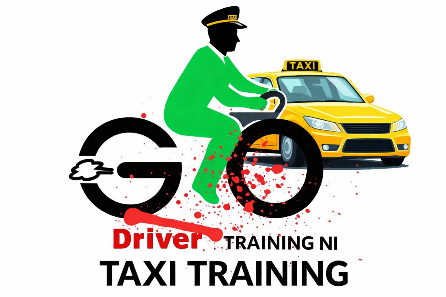 Go Driver Training NI logo with a taxi in the background for Taxi Training